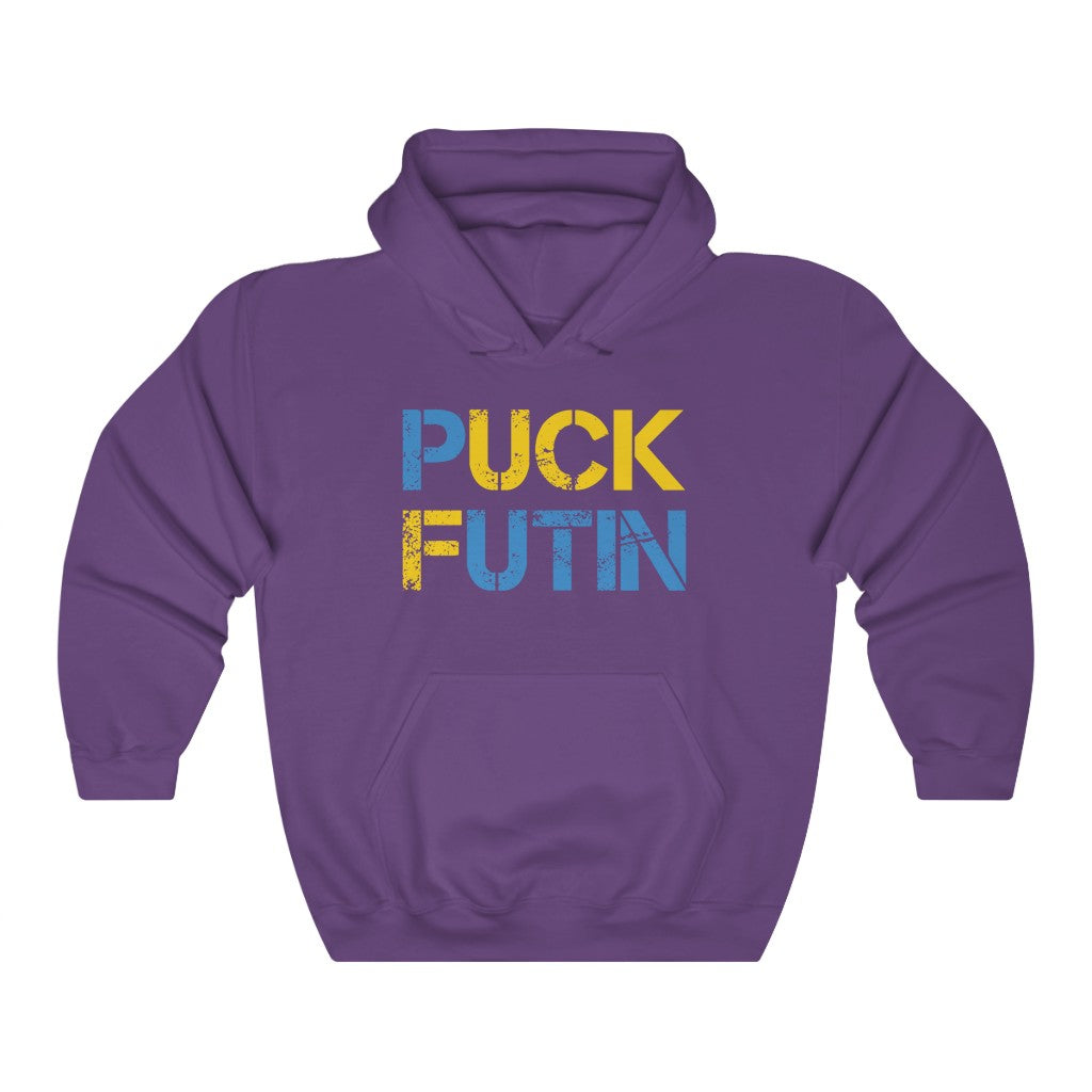 Puck Futin hoodie in blue and yellow letters. Stand with Ukraine hoodie.