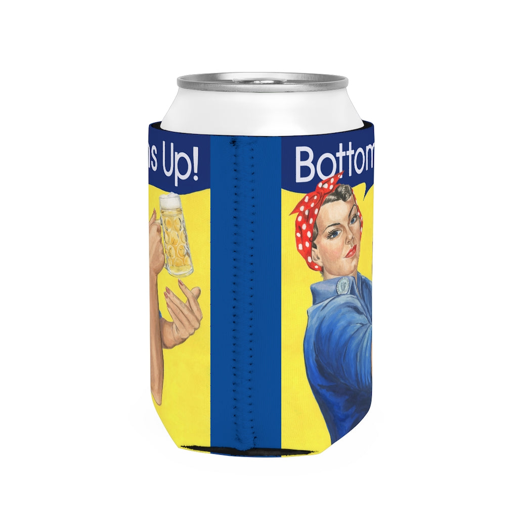 Funny Bottoms Up beer coozie. Rosie the Riveter with beer mug can cooler sleeve