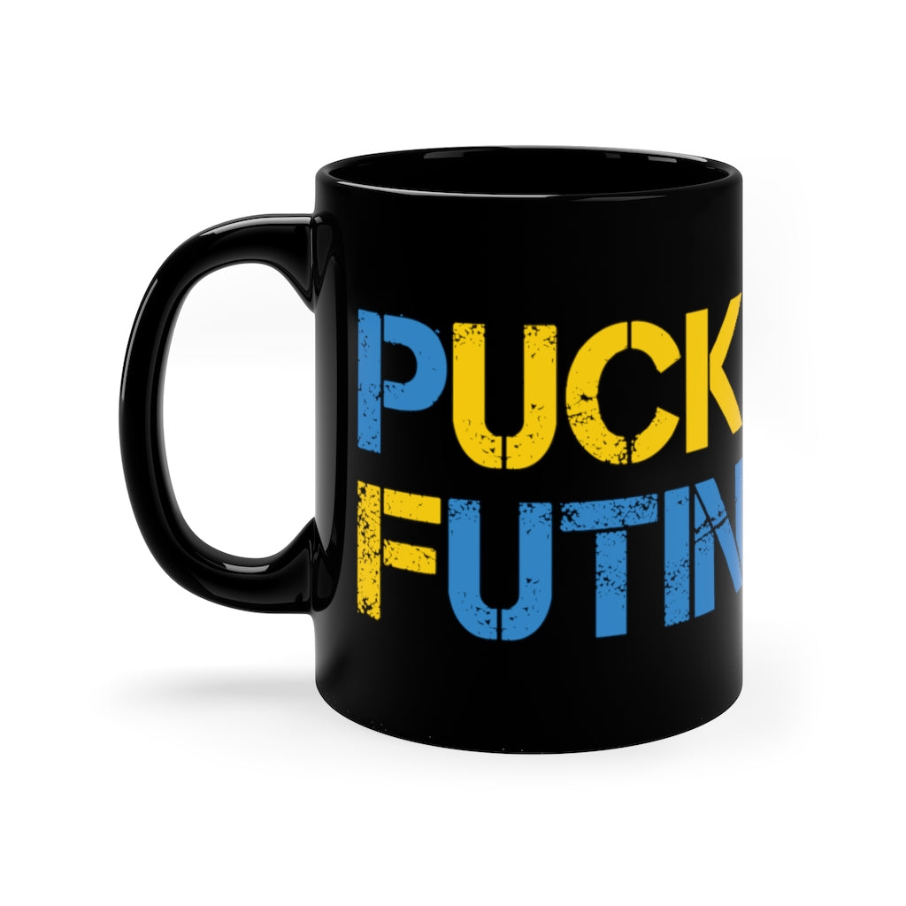 Puck Futin black coffee mug. F**k Putin 11oz Black Mug. Stand with Ukraine