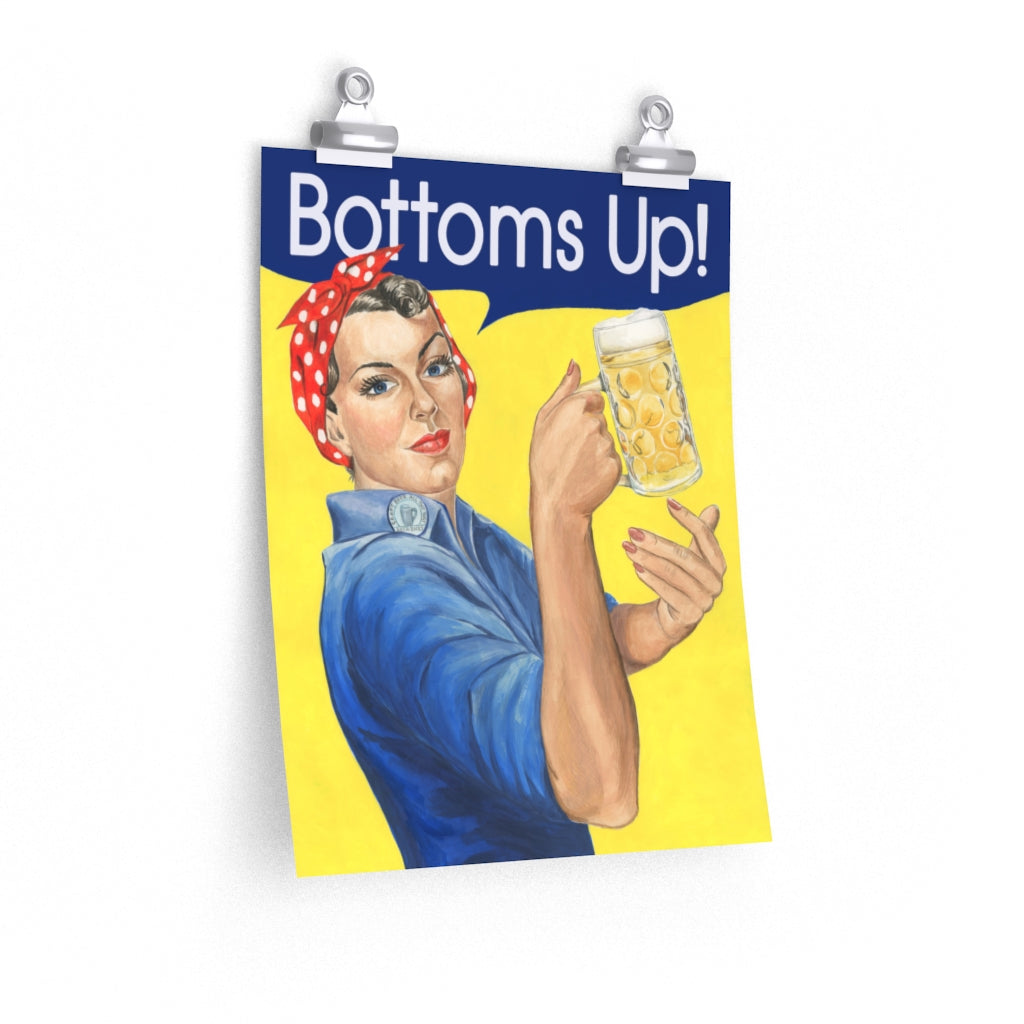 Funny vintage bar poster. Rosie the Riveter 'Bottoms Up!' print