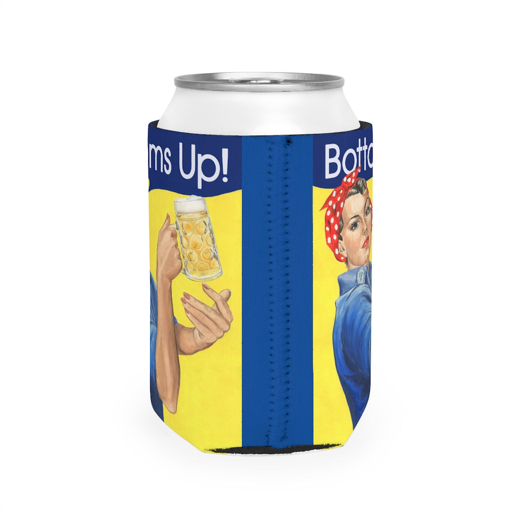 Funny Bottoms Up beer coozie. Rosie the Riveter with beer mug can cooler sleeve