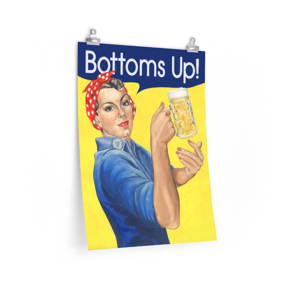 Funny vintage bar poster. Rosie the Riveter 'Bottoms Up!' print