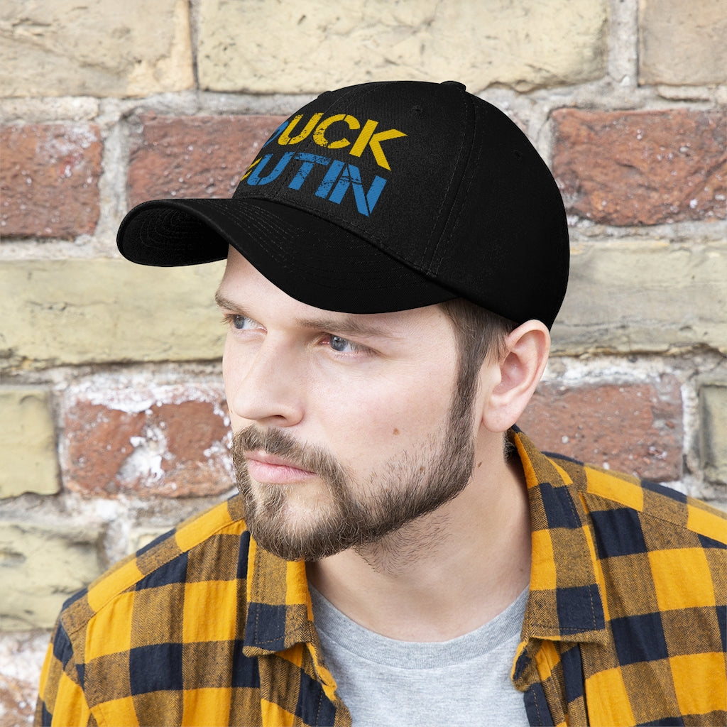 Puck Futin hat. F**k Putin cap. Ukrainian flag colors. Unisex Twill Hat