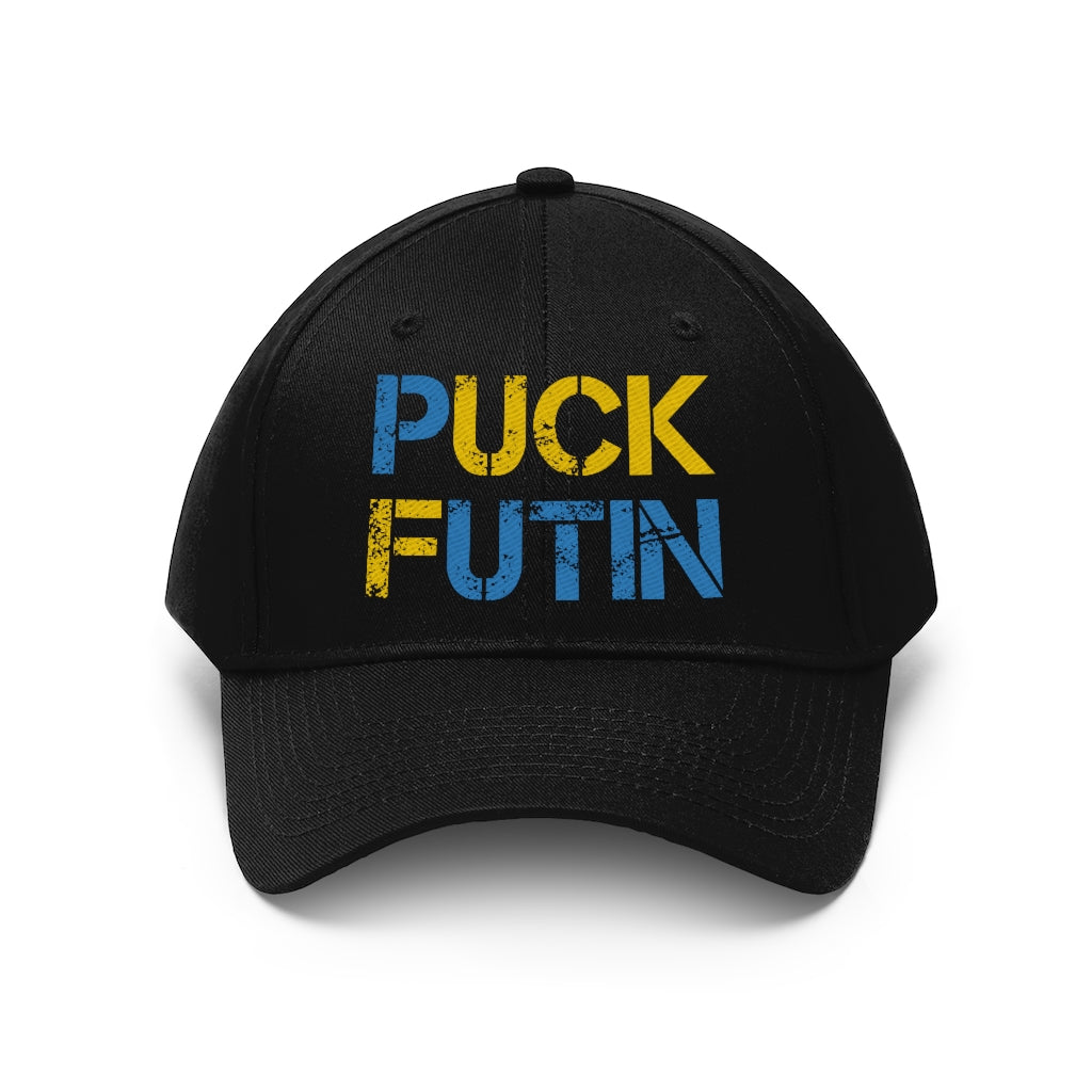 Puck Futin hat. F**k Putin cap. Ukrainian flag colors. Unisex Twill Hat