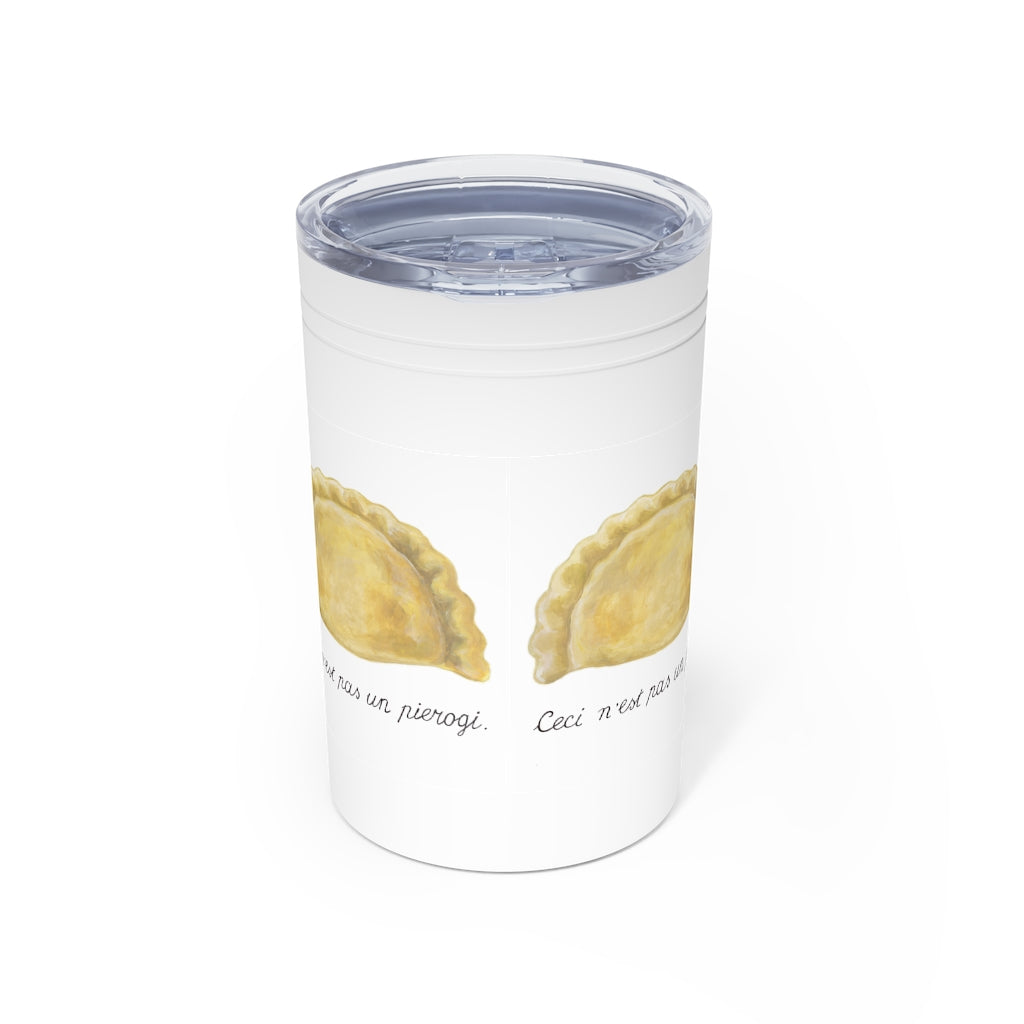 Polish Ukrainian Pierogi Vacuum Tumbler & Insulator, 11oz. Magritte's 'pipe' painting tribute