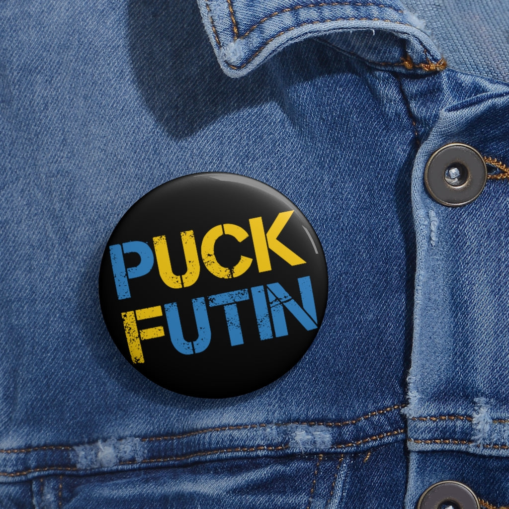 Puck Futin button. Stand with Ukraine. F**k Putin Pin Button.