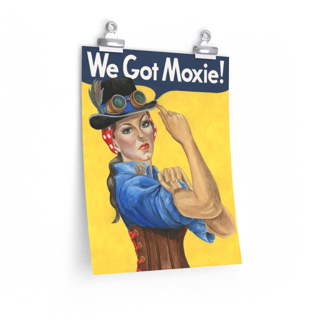 Steampunk poster. Rosie the Riveter dressed in a Steampunk outfit print