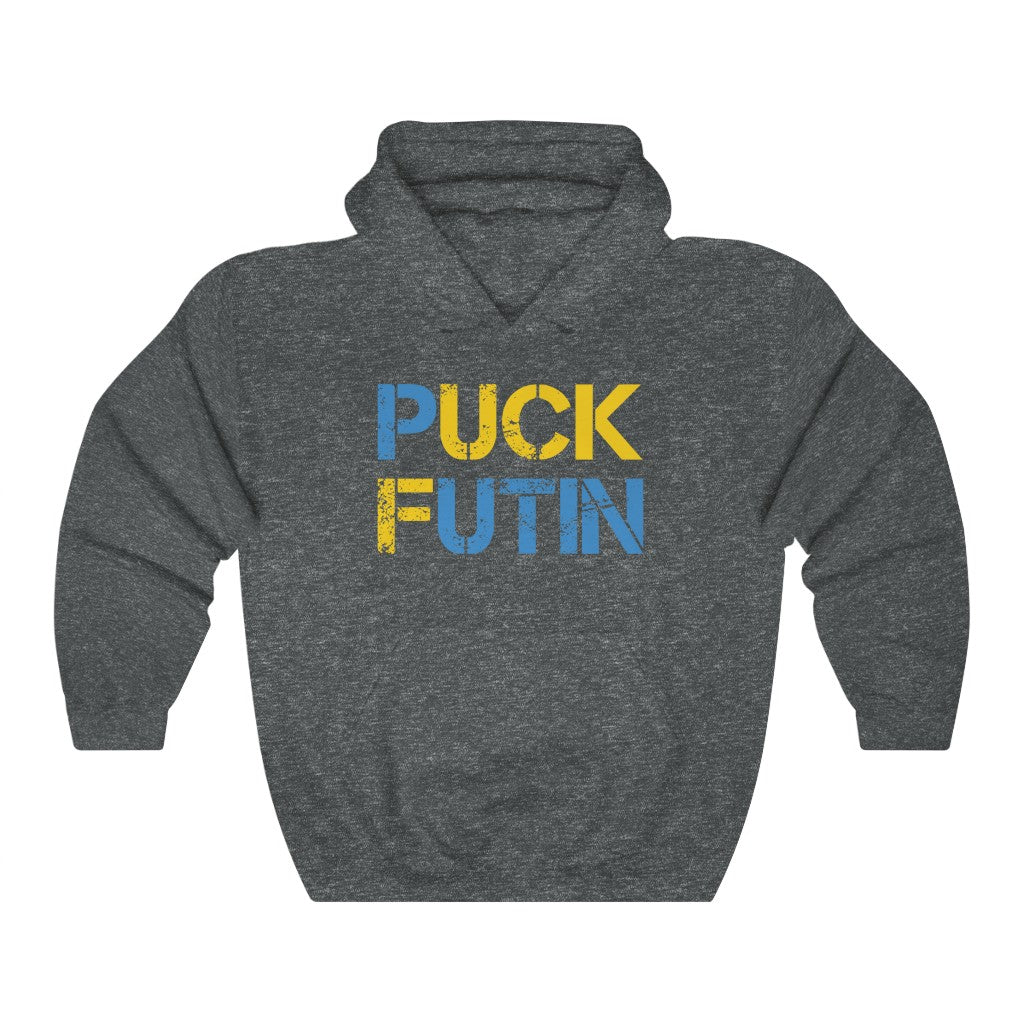 Puck Futin hoodie in blue and yellow letters. Stand with Ukraine hoodie.