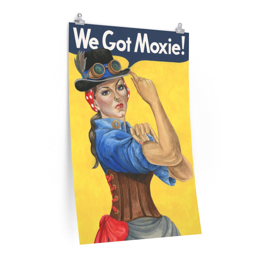 Steampunk poster. Rosie the Riveter dressed in a Steampunk outfit print