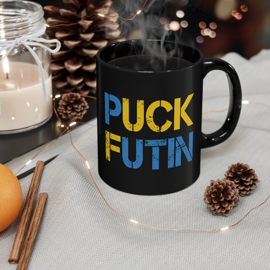 Puck Futin black coffee mug. F**k Putin 11oz Black Mug. Stand with Ukraine