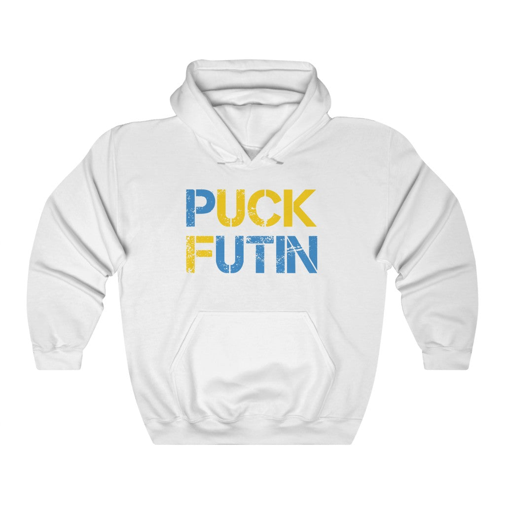 Puck Futin hoodie in blue and yellow letters. Stand with Ukraine hoodie.