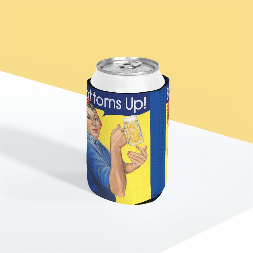 Funny Bottoms Up beer coozie. Rosie the Riveter with beer mug can cooler sleeve