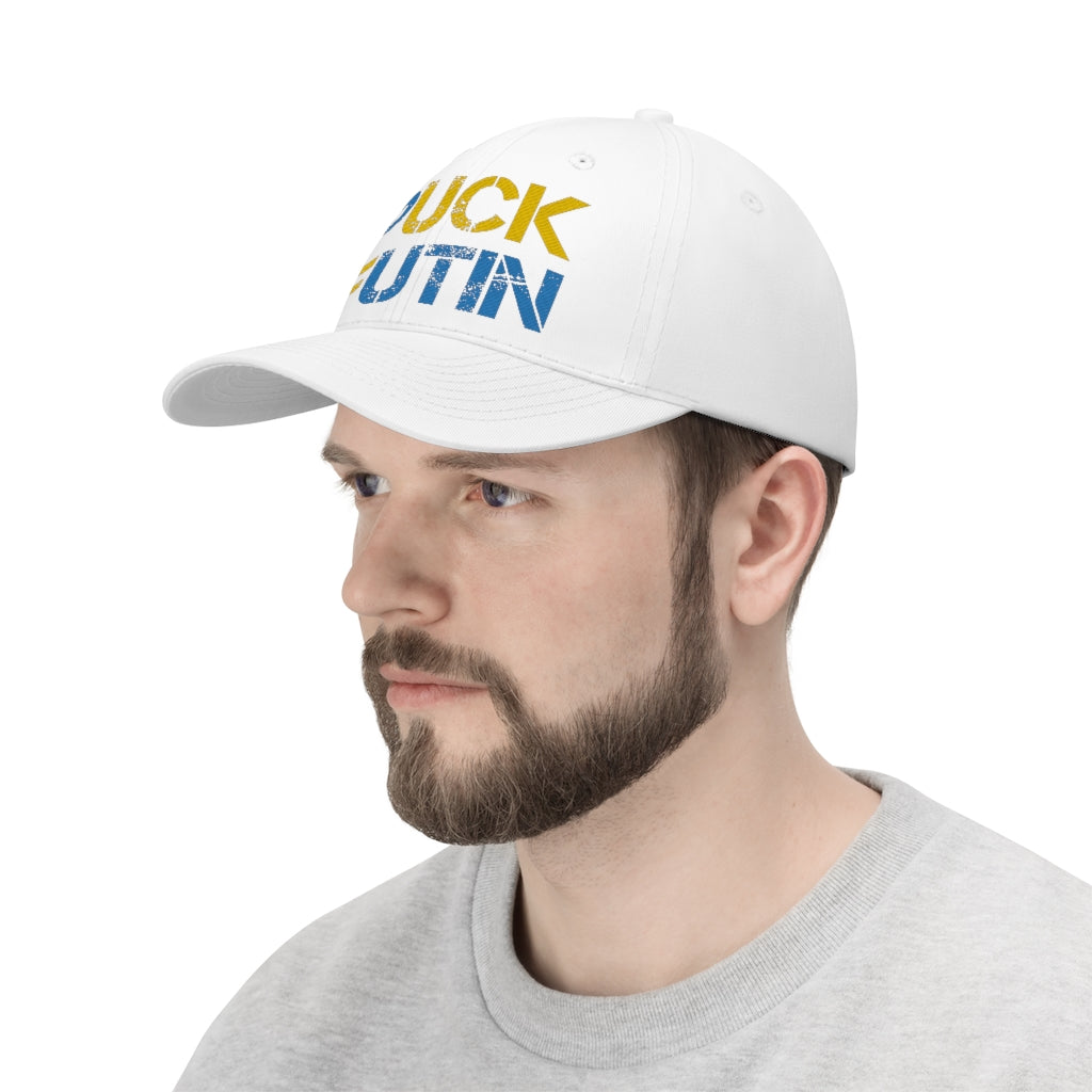 Puck Futin hat. F**k Putin cap. Ukrainian flag colors. Unisex Twill Hat