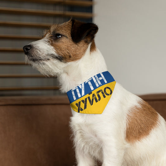 Putin is a d**khead Pet Bandana Collar. Ukrainian text. Ukrainian flag colors.