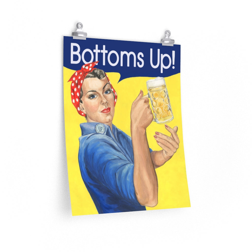 Funny vintage bar poster. Rosie the Riveter 'Bottoms Up!' print