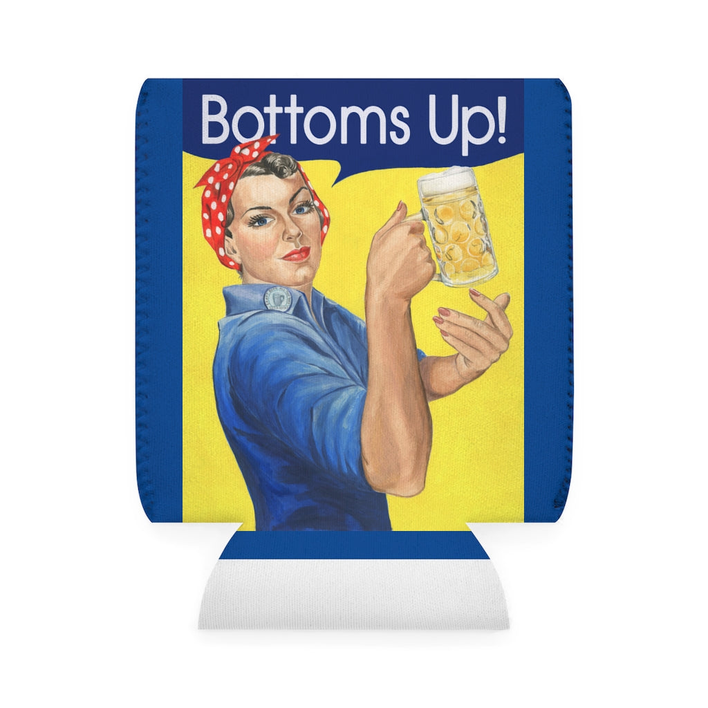 Funny Bottoms Up beer coozie. Rosie the Riveter with beer mug can cooler sleeve