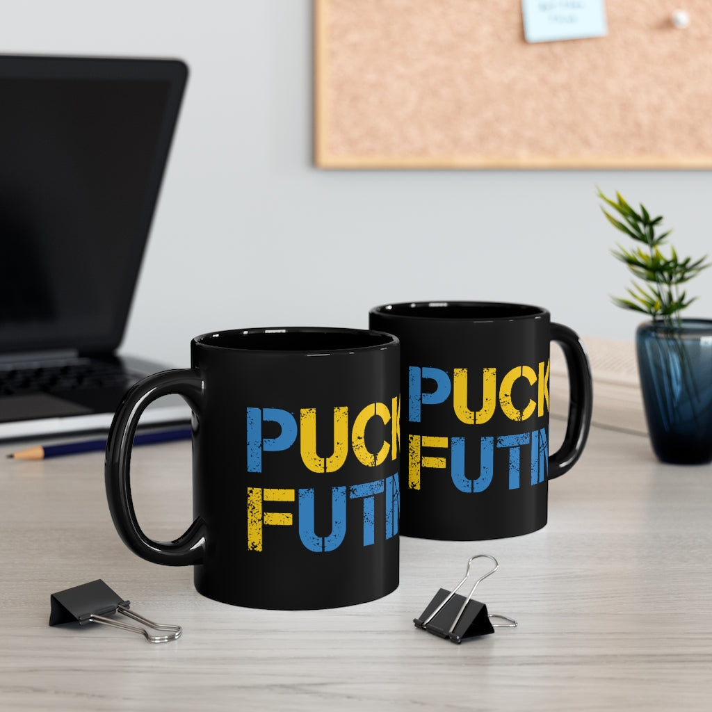 Puck Futin black coffee mug. F**k Putin 11oz Black Mug. Stand with Ukraine