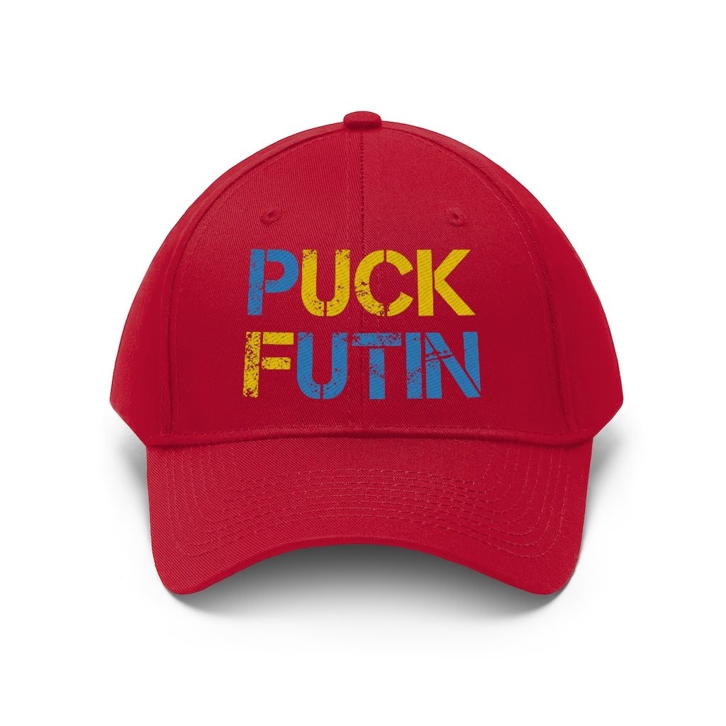 Puck Futin hat. F**k Putin cap. Ukrainian flag colors. Unisex Twill Hat