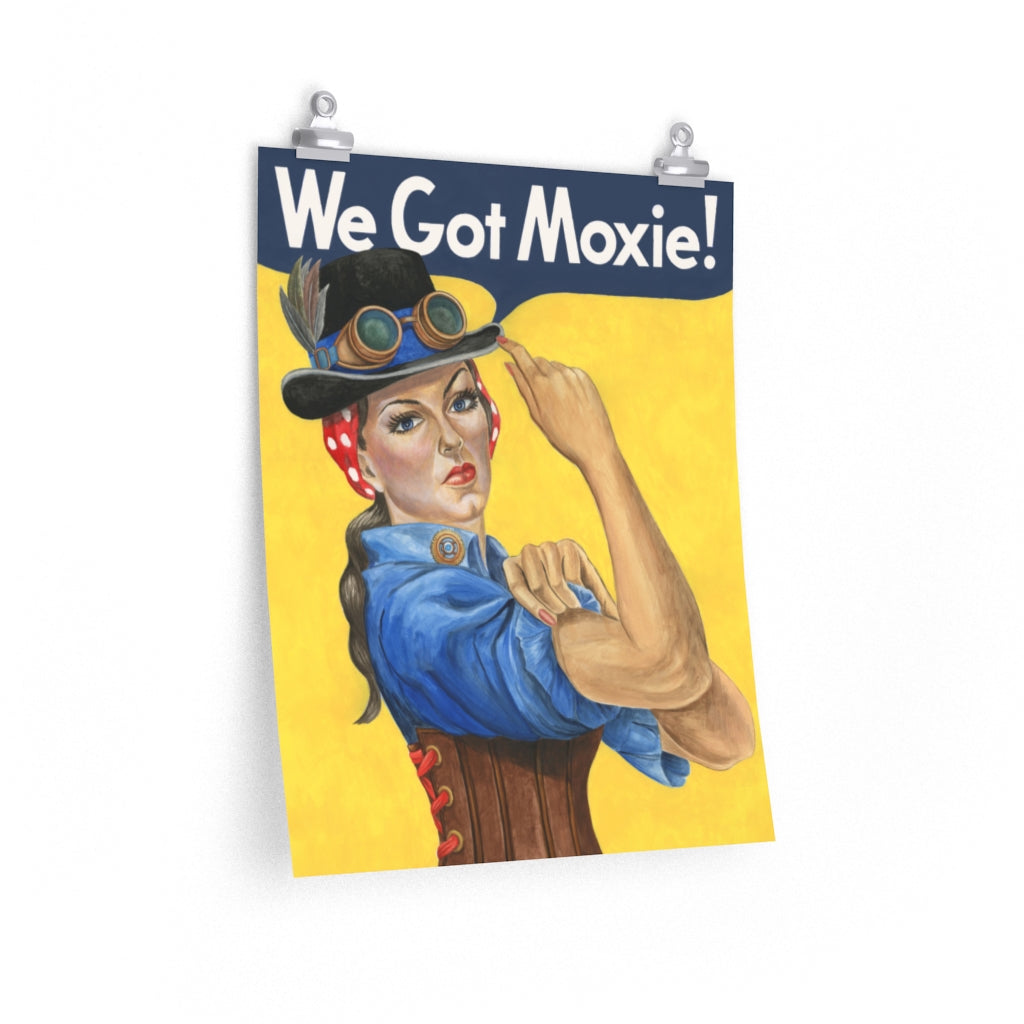 Steampunk poster. Rosie the Riveter dressed in a Steampunk outfit print