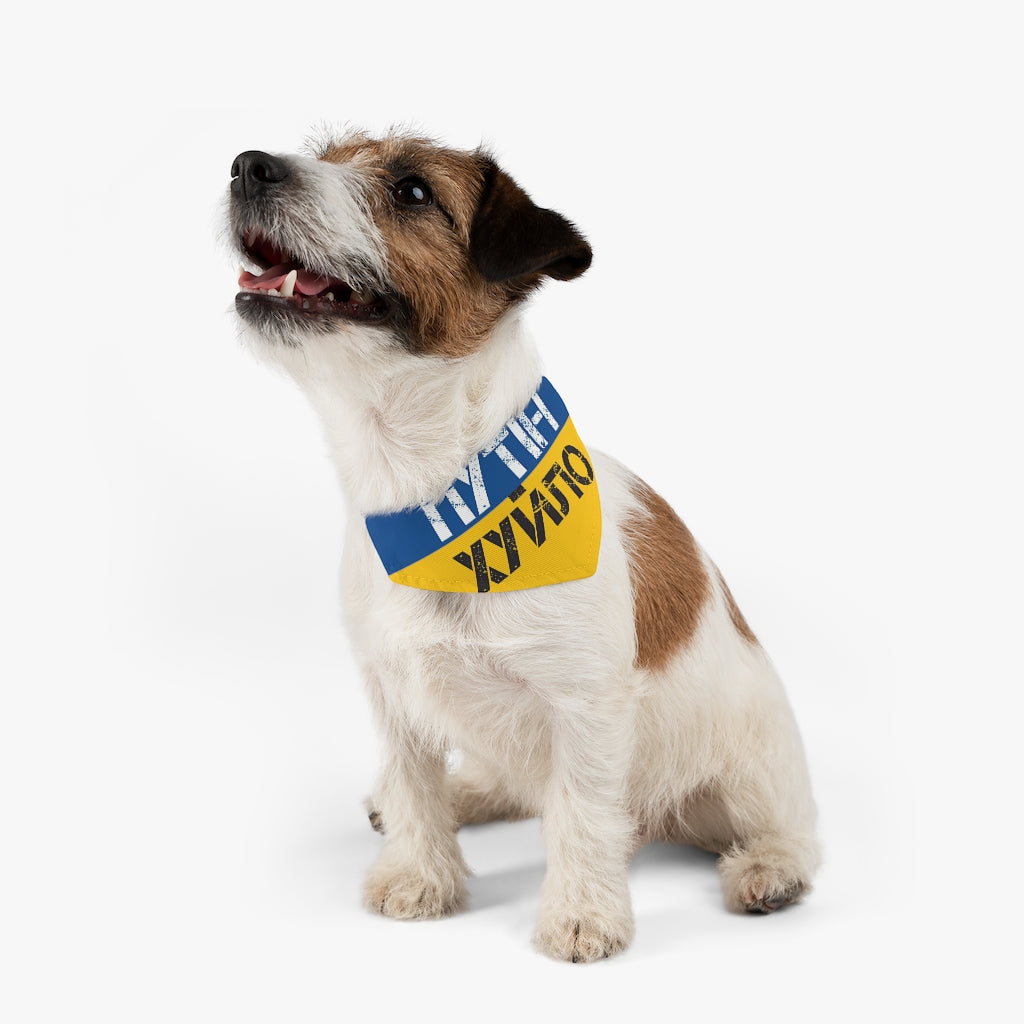 Putin is a d**khead Pet Bandana Collar. Ukrainian text. Ukrainian flag colors.