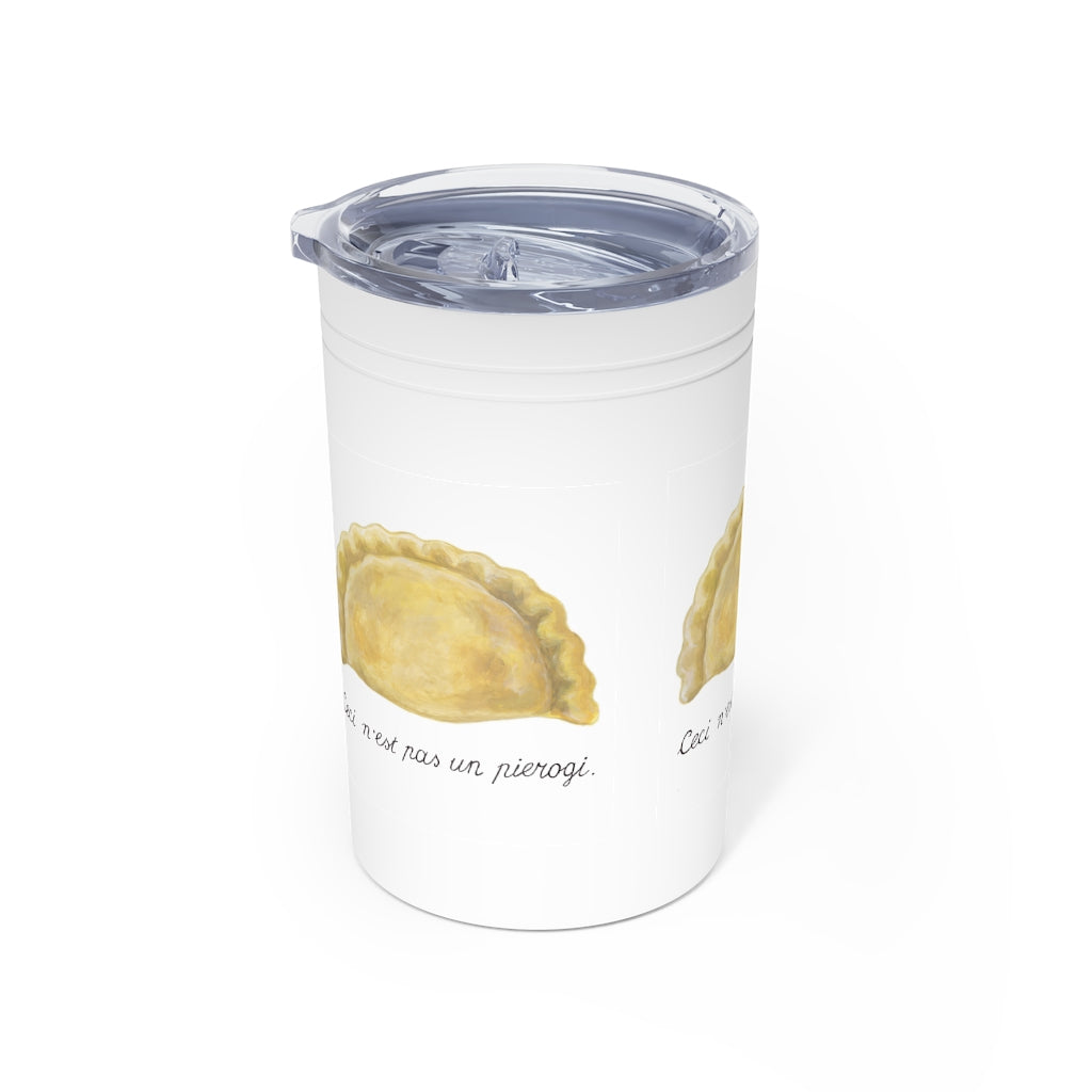 Polish Ukrainian Pierogi Vacuum Tumbler & Insulator, 11oz. Magritte's 'pipe' painting tribute