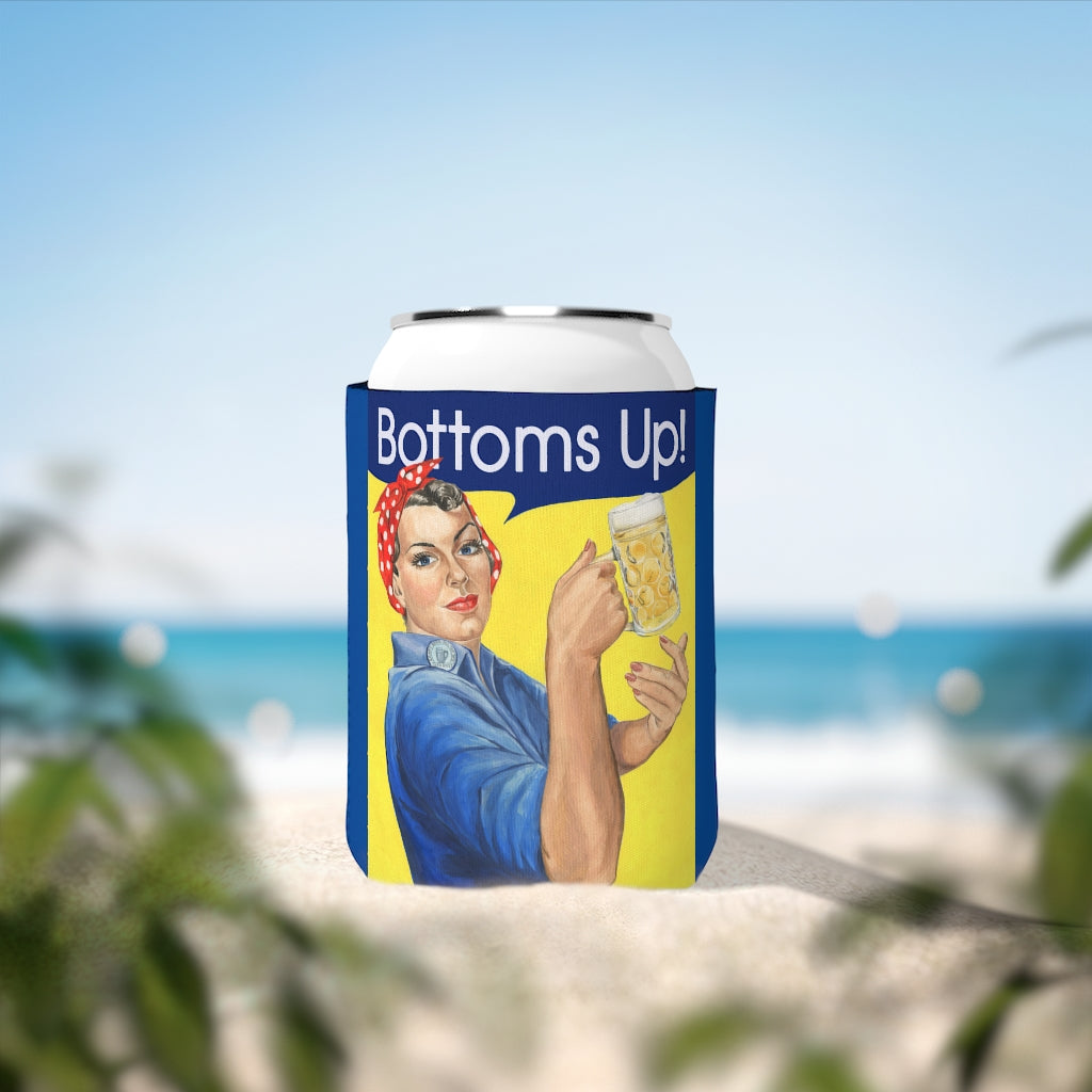 Funny Bottoms Up beer coozie. Rosie the Riveter with beer mug can cooler sleeve