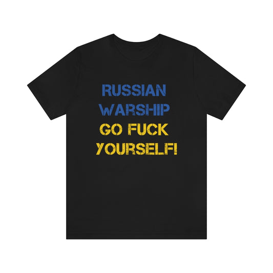 Russian warship go f**k yourself t-shirt. In colors of the Ukrainian flag.