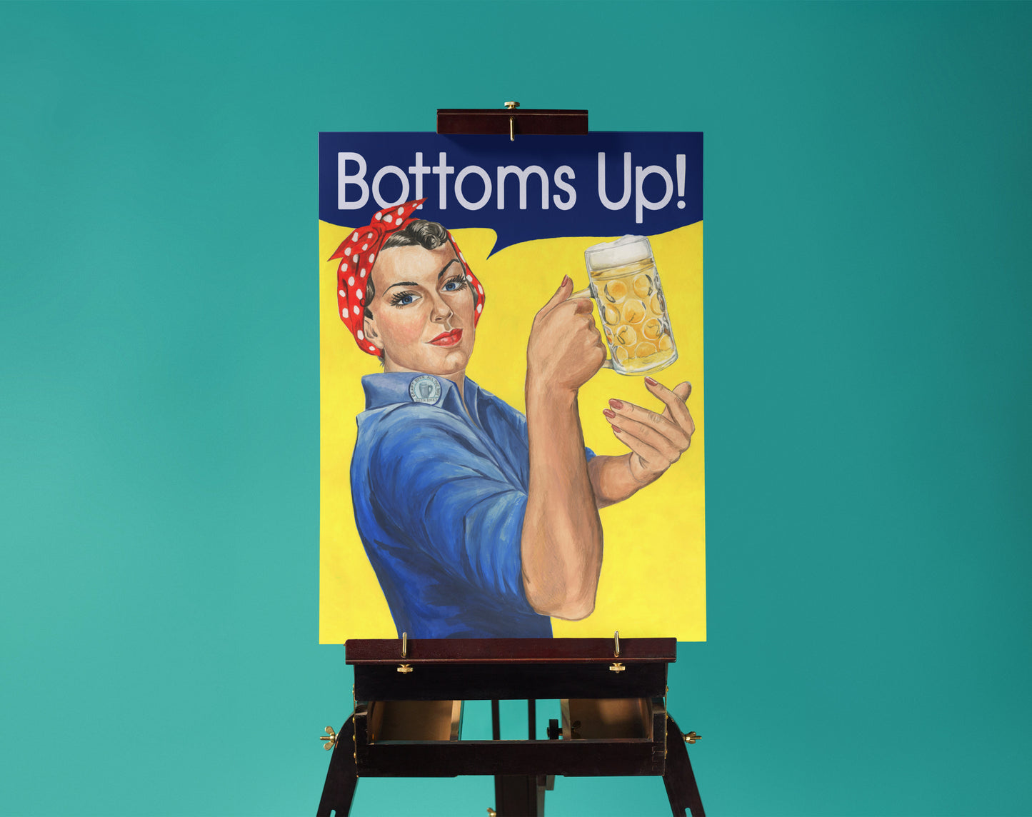 Funny vintage bar poster. Rosie the Riveter 'Bottoms Up!' print