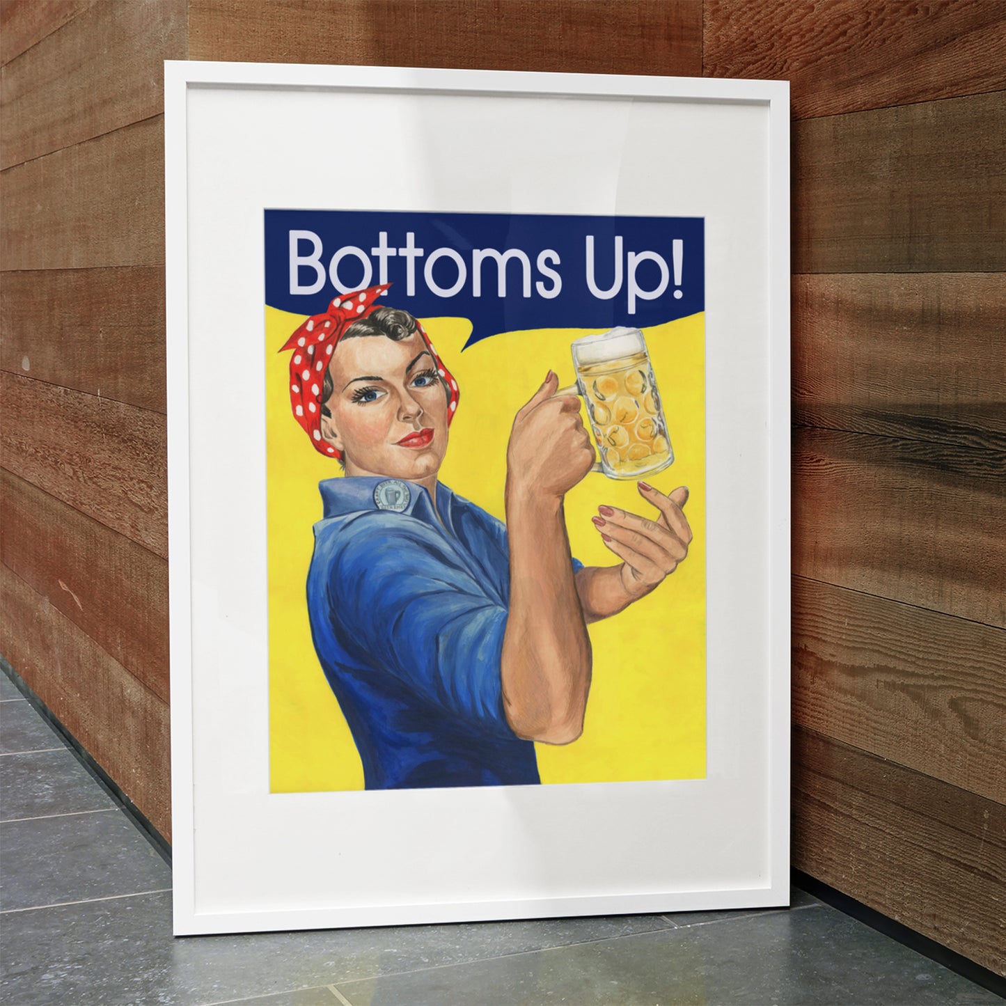 Funny vintage bar poster. Rosie the Riveter 'Bottoms Up!' print