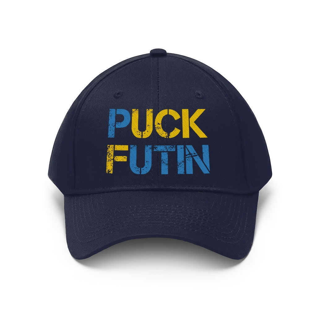 Puck Futin hat. F**k Putin cap. Ukrainian flag colors. Unisex Twill Hat