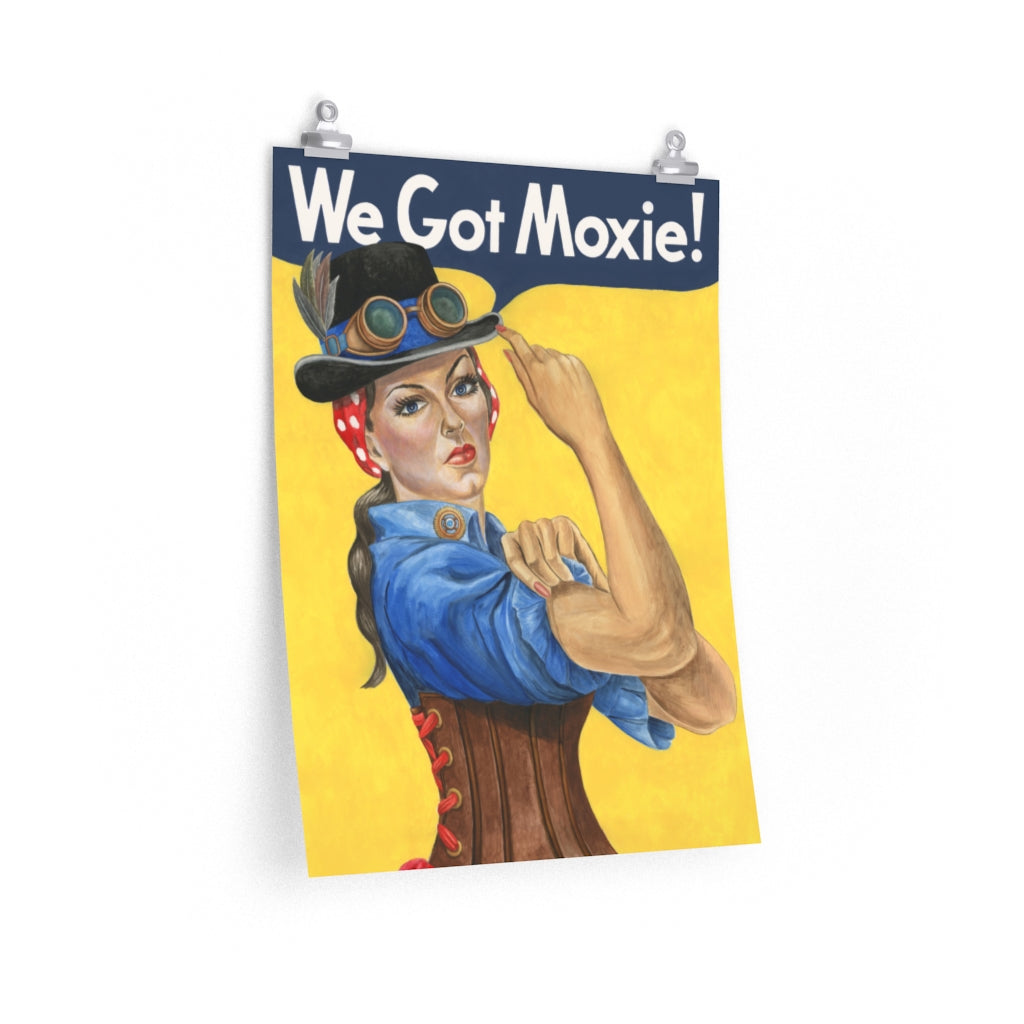 Steampunk poster. Rosie the Riveter dressed in a Steampunk outfit print