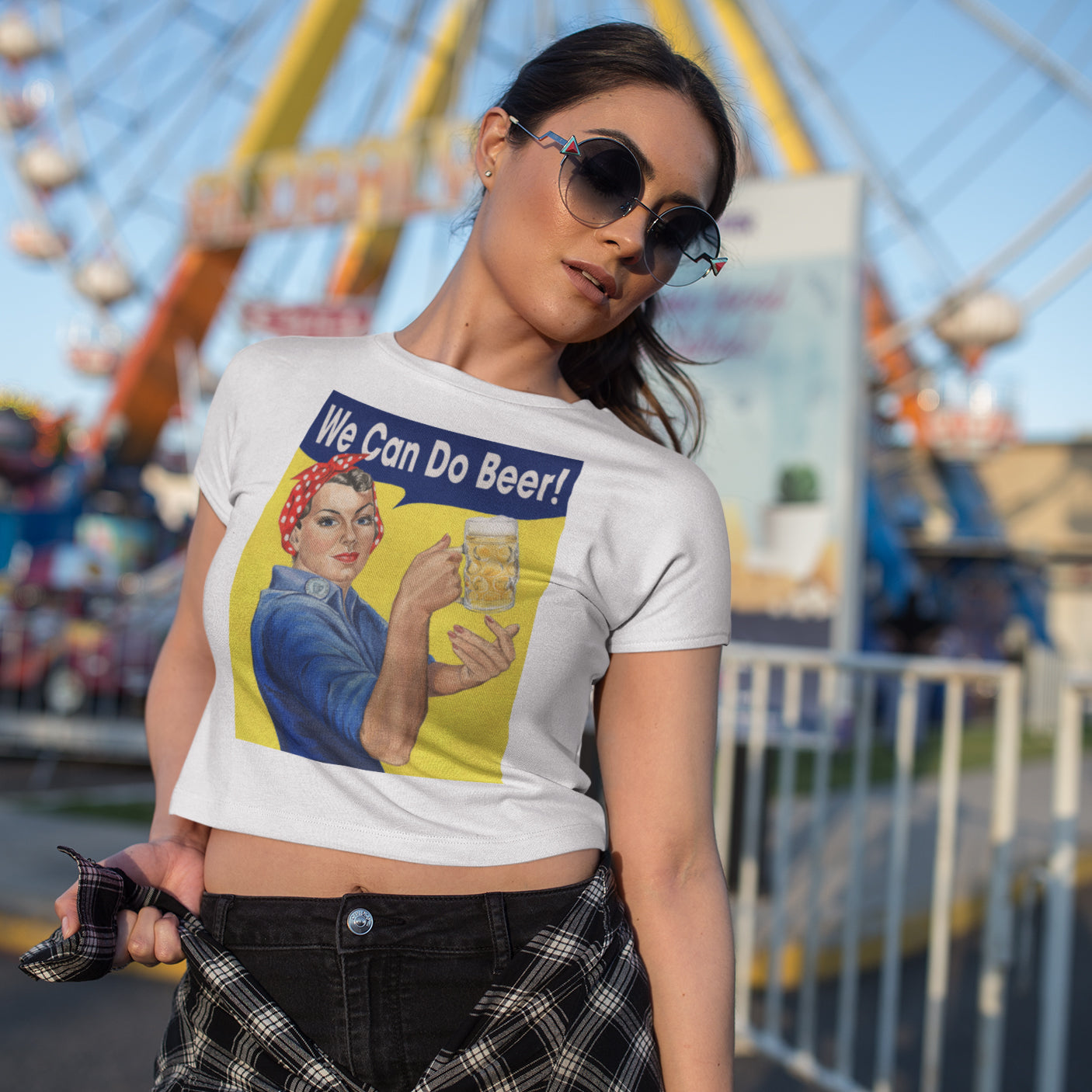 Rosie the Riveter with beer Women's Cropped T-Shirt.