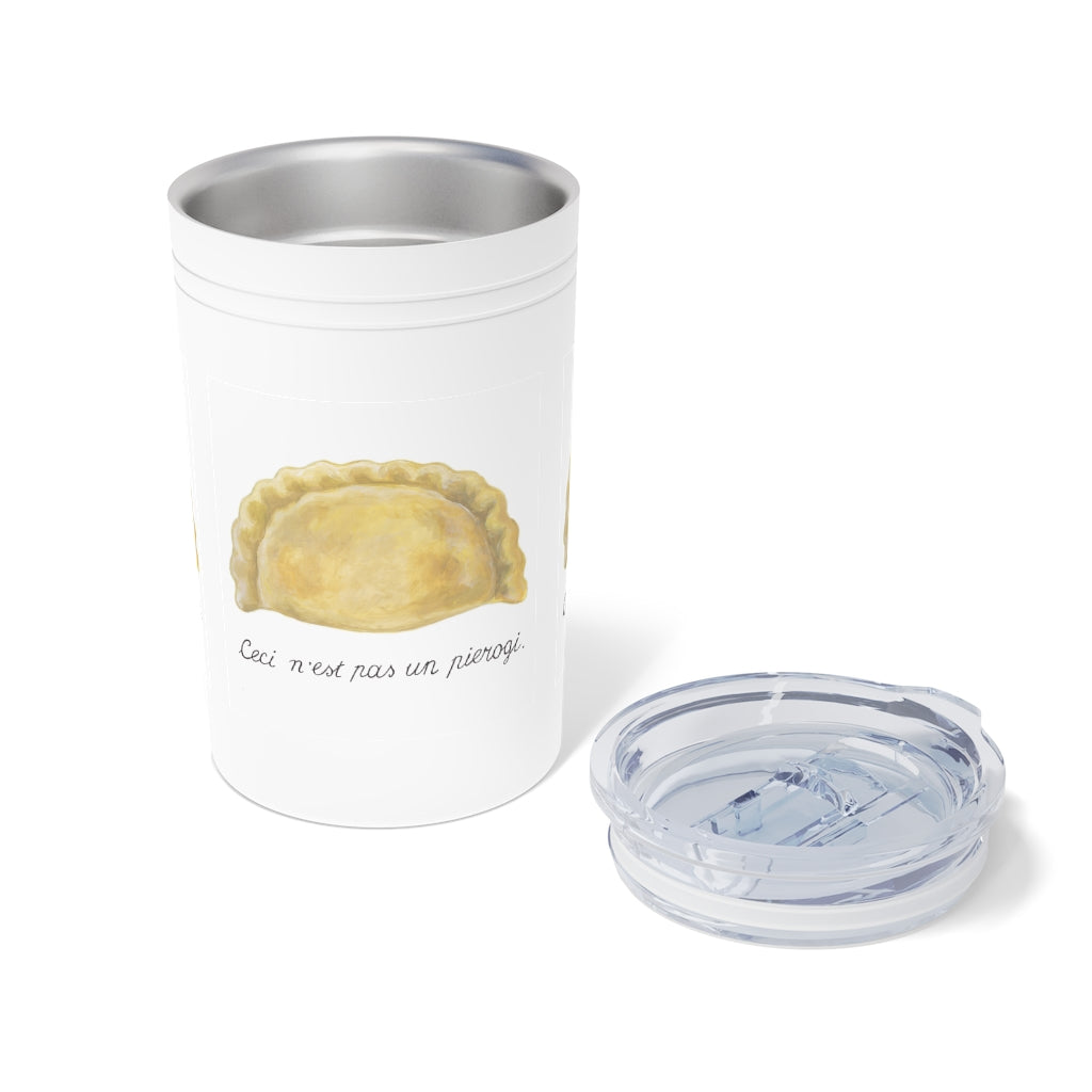 Polish Ukrainian Pierogi Vacuum Tumbler & Insulator, 11oz. Magritte's 'pipe' painting tribute