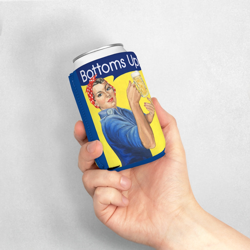 Funny Bottoms Up beer coozie. Rosie the Riveter with beer mug can cooler sleeve