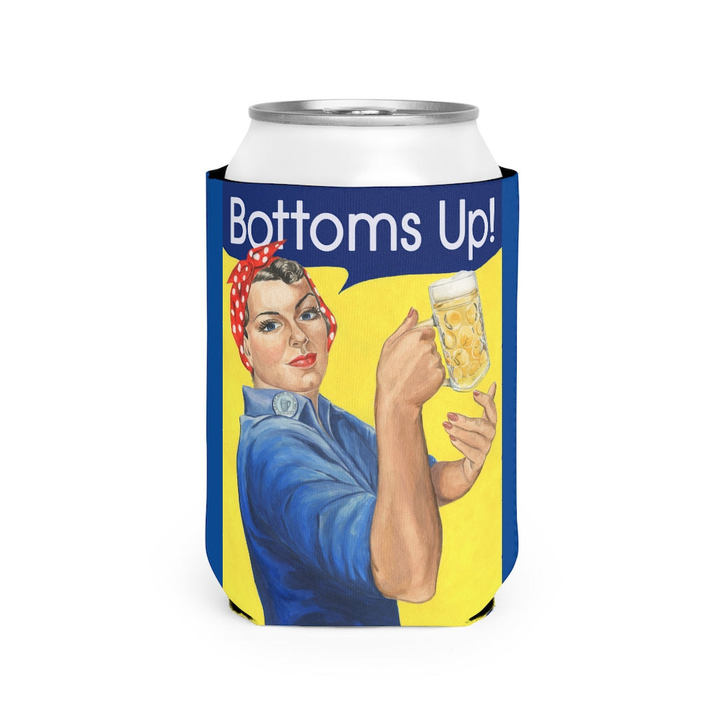 Funny Bottoms Up beer coozie. Rosie the Riveter with beer mug can cooler sleeve