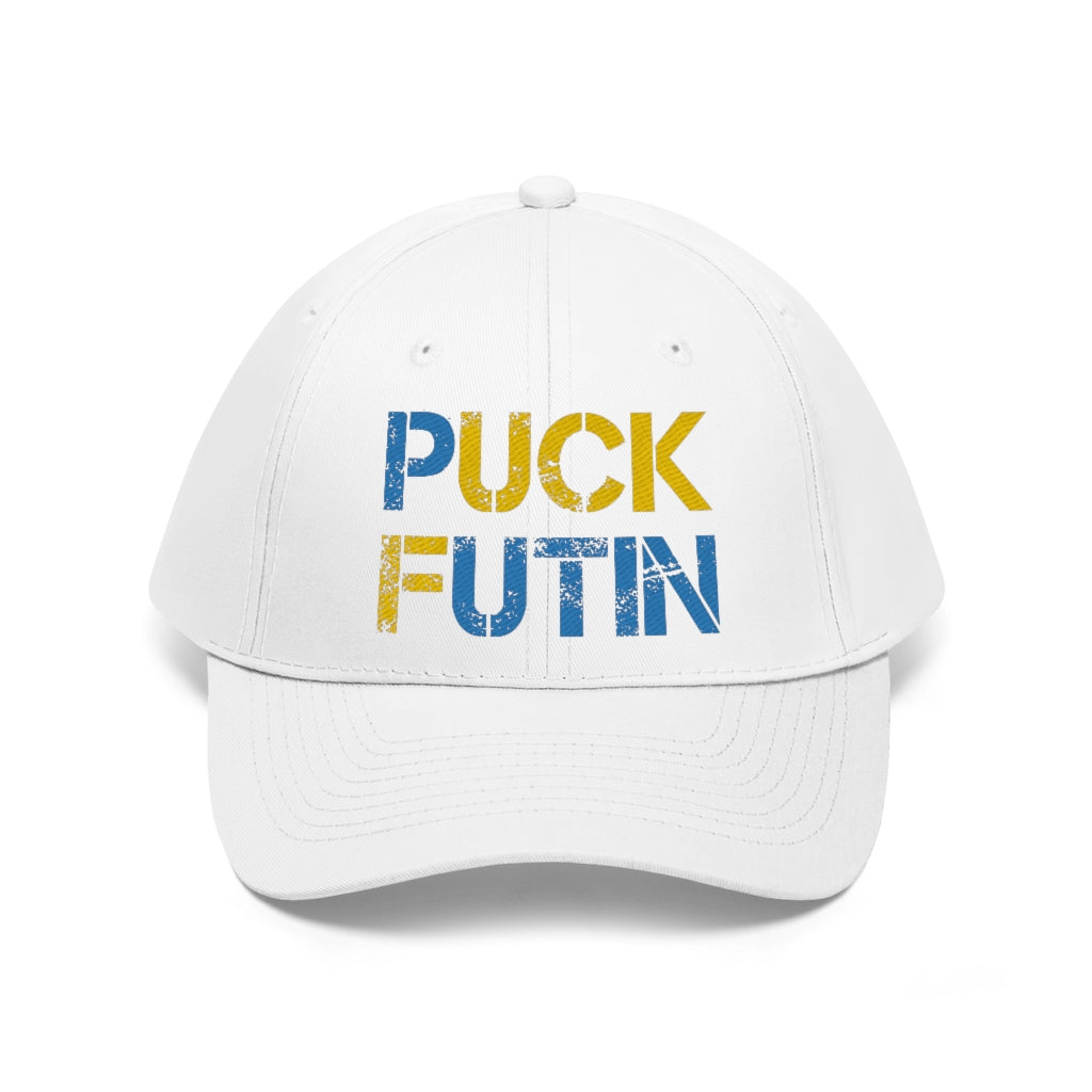 Puck Futin hat. F**k Putin cap. Ukrainian flag colors. Unisex Twill Hat