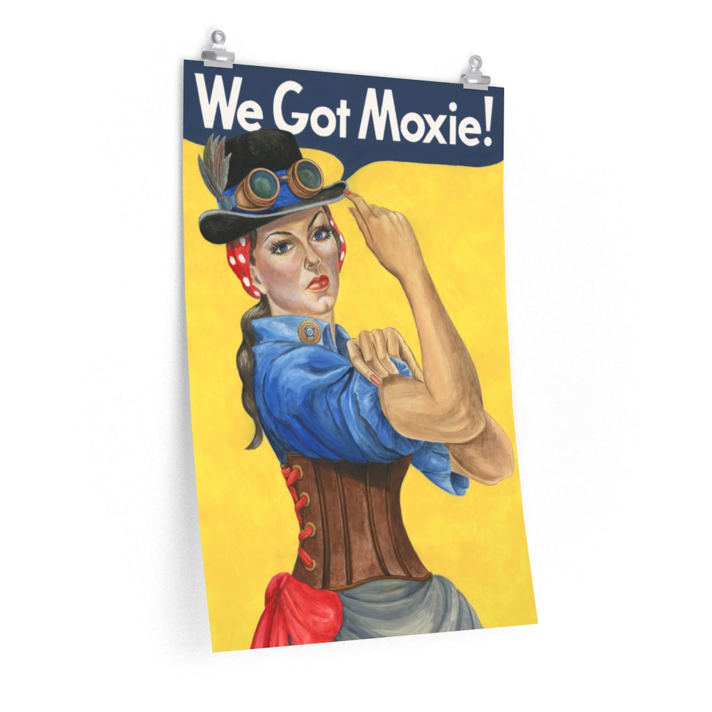 Steampunk poster. Rosie the Riveter dressed in a Steampunk outfit print