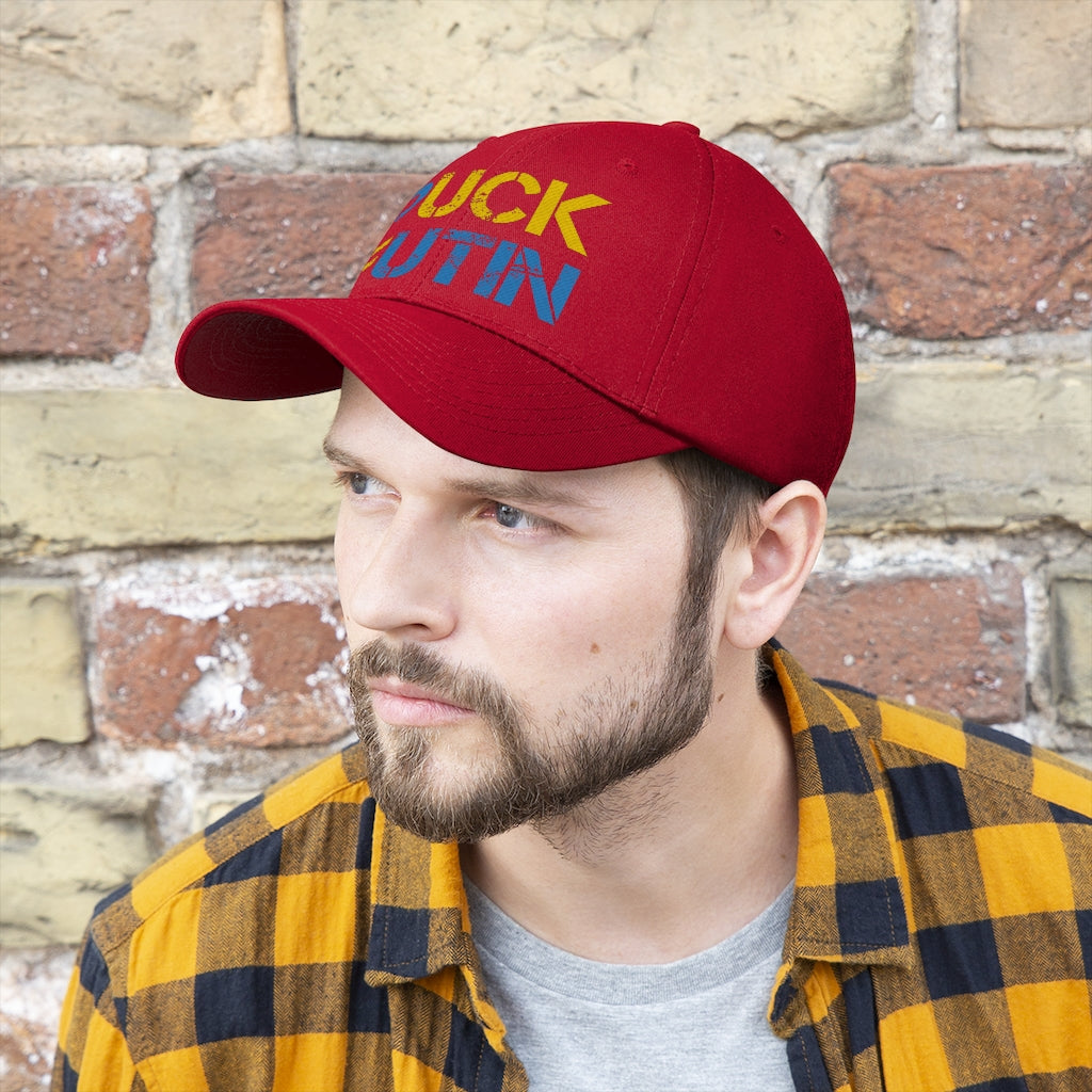 Puck Futin hat. F**k Putin cap. Ukrainian flag colors. Unisex Twill Hat