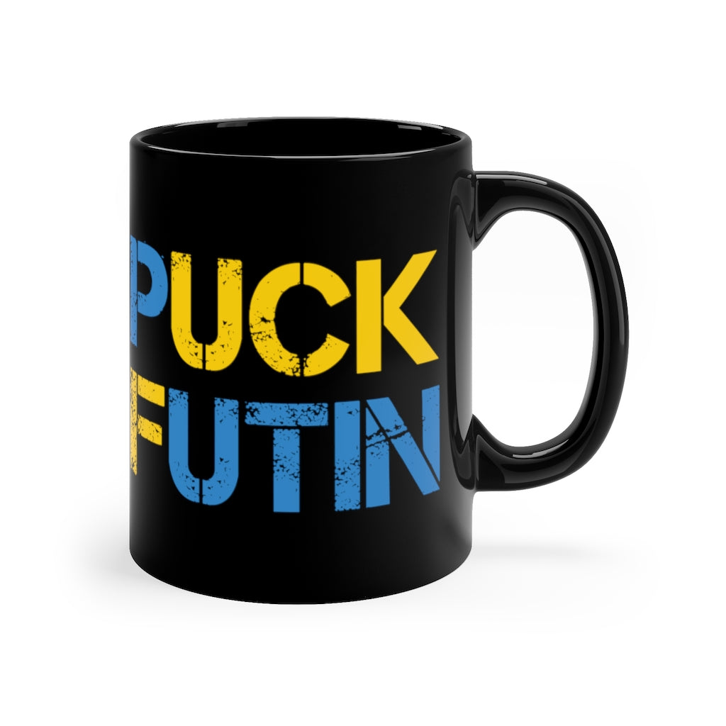 Puck Futin black coffee mug. F**k Putin 11oz Black Mug. Stand with Ukraine