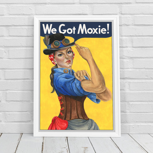 Steampunk poster. Rosie the Riveter dressed in a Steampunk outfit print