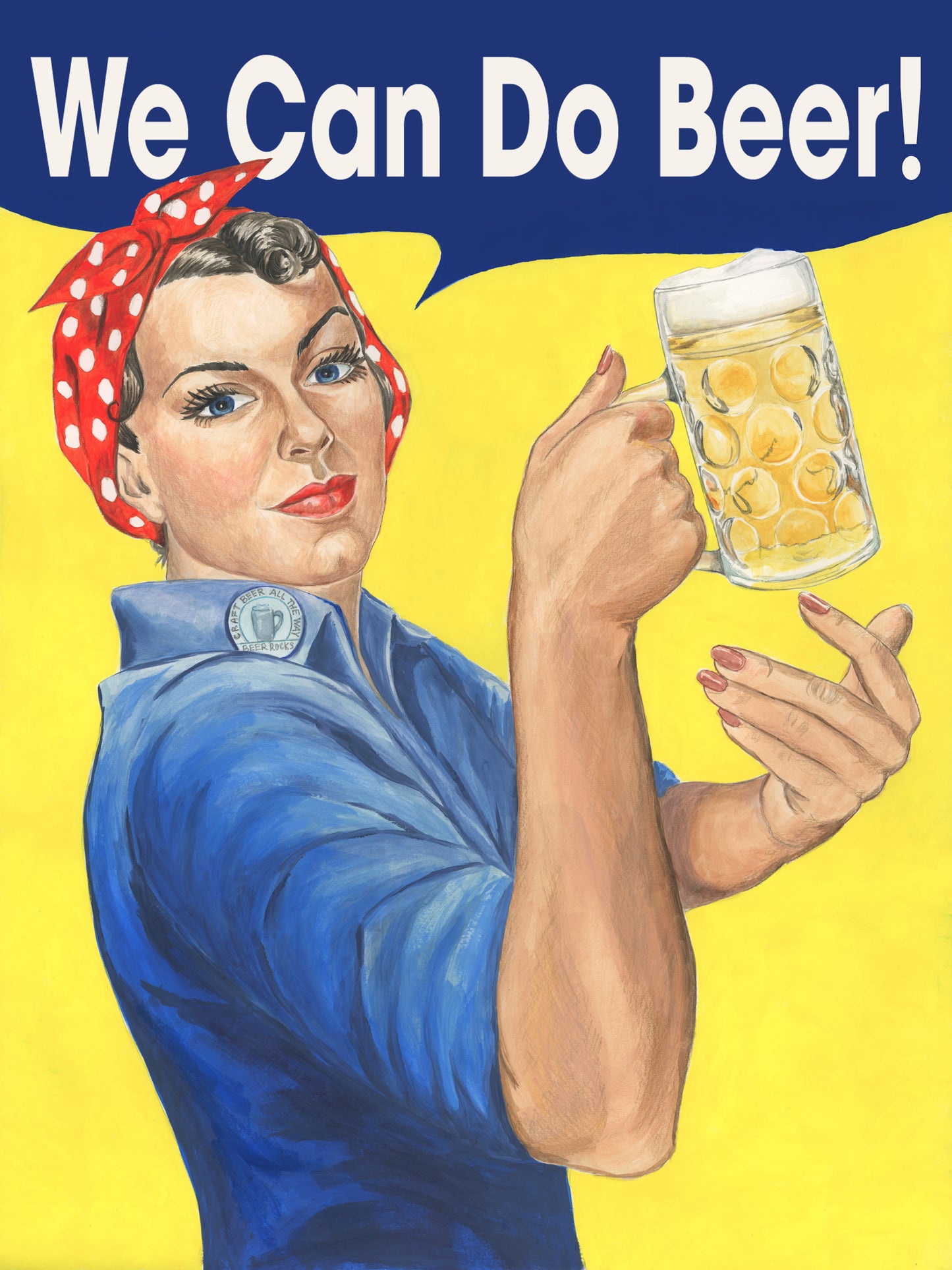 Funny vintage beer poster. Rosie the Riveter with beer poster. Bar, pub, home bar, dorm room, craft brewery wall decor