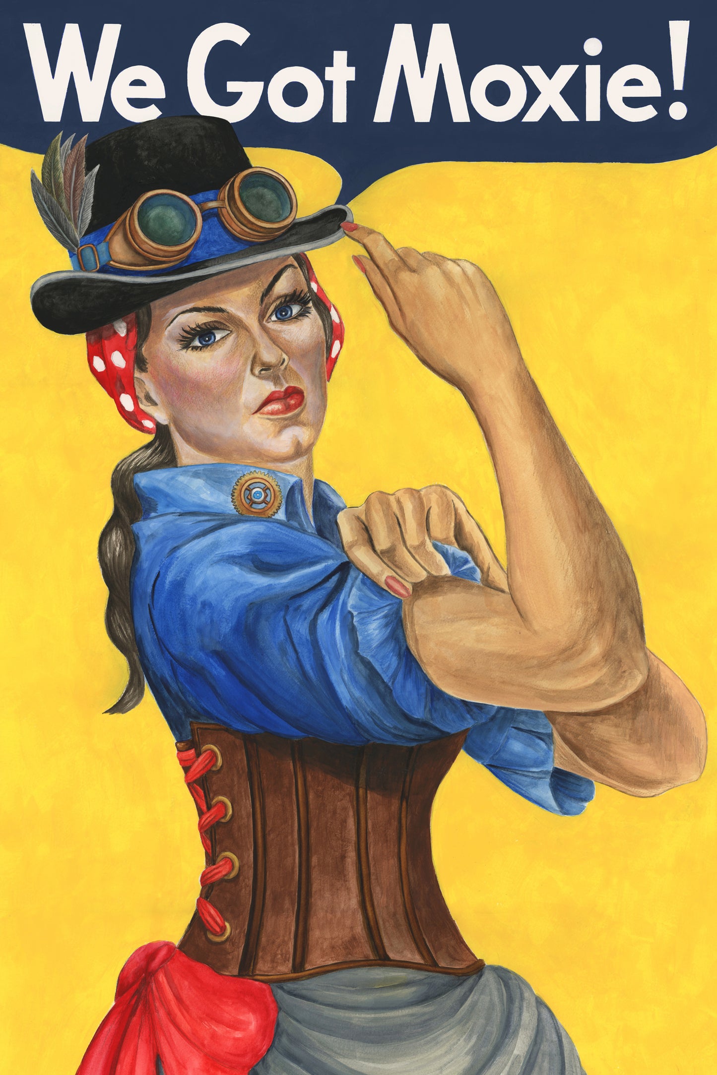 Steampunk poster. Rosie the Riveter dressed in a Steampunk outfit print