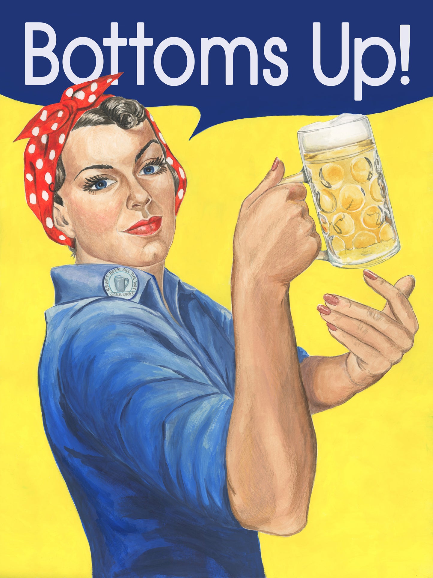 Funny Bottoms Up beer coozie. Rosie the Riveter with beer mug can cooler sleeve